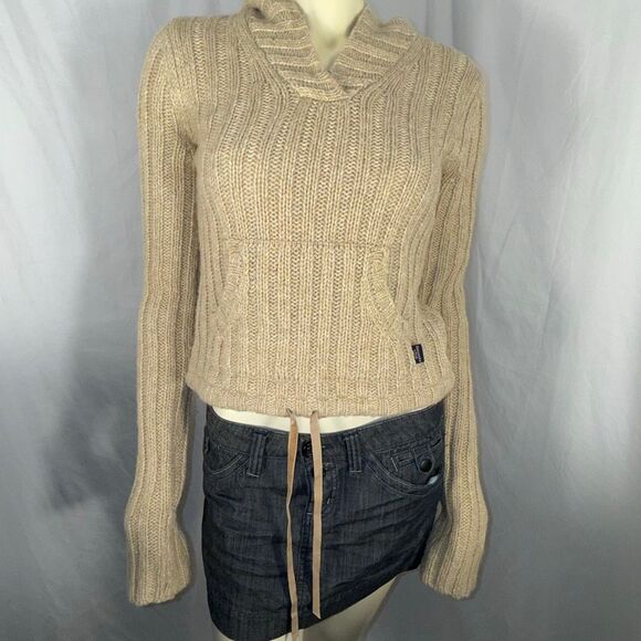 Vintage Y2K Abercrombie & Fitch Lambswool Knit Hoodie Sweater | Beige Ribbed Pul - Picture 11 of 15